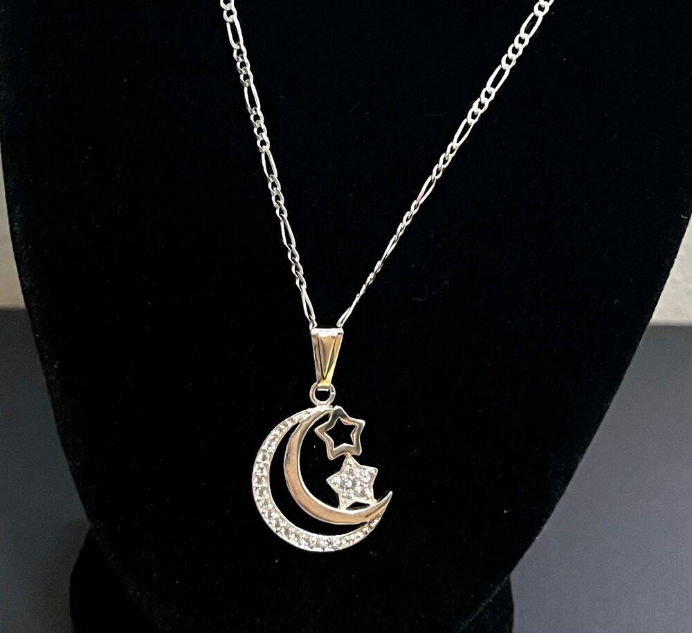 Silver Tone Cable Chain Necklace Crescent Moon Star Pavé Crystal Charm 20 in
